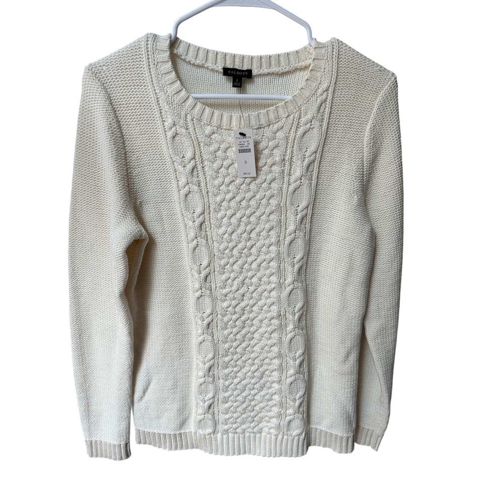 Talbots Cable Knit Sweater Crewneck Pullover Classic Ivory White Size S $89.50